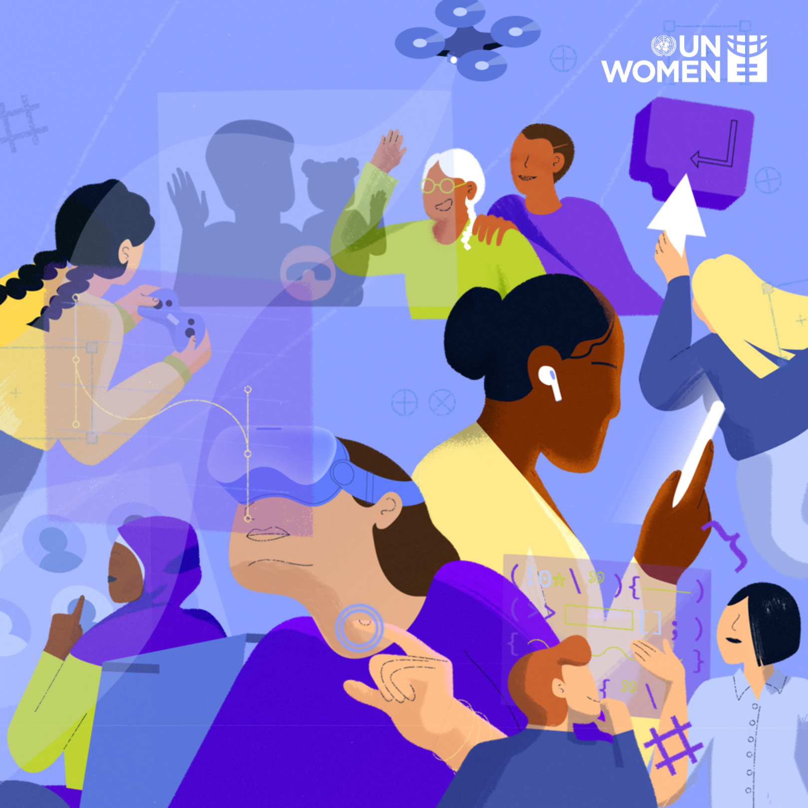 Illustration showing women using digital technology on IWD 2023